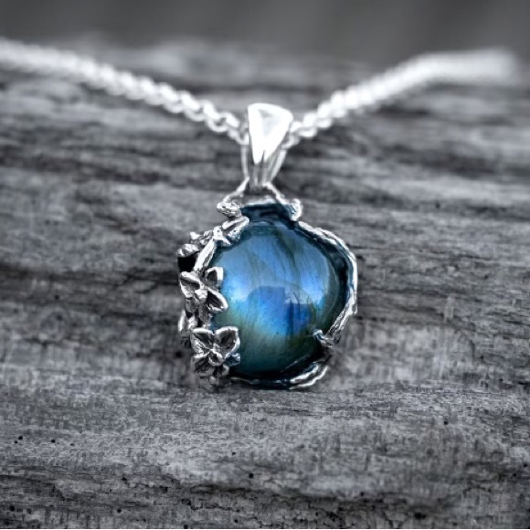 Rainbow Moonstone Necklace | Silver Flower Necklace | Branch Necklace | - Picture 3 of 3